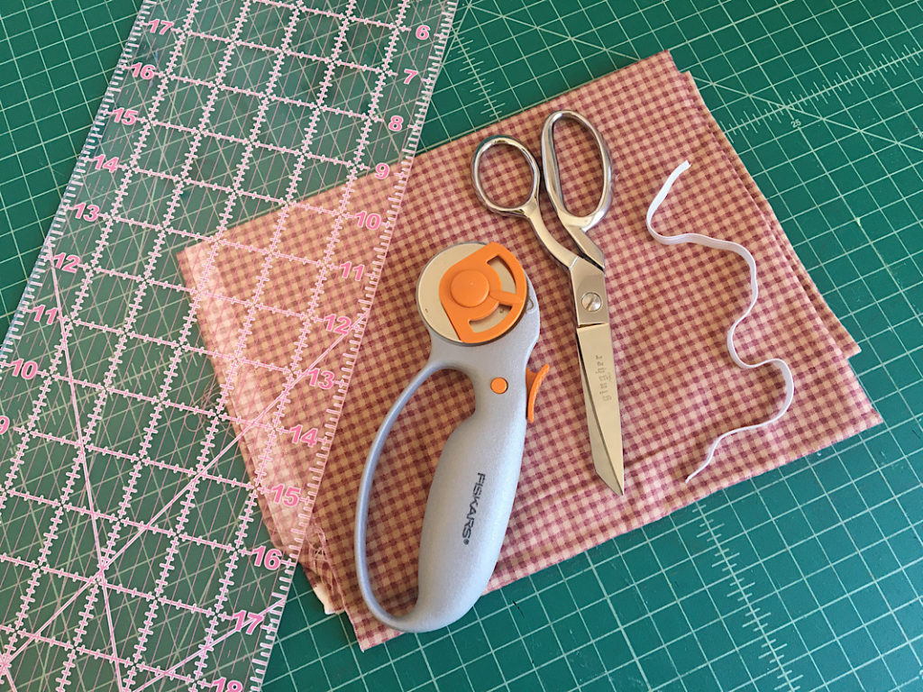 materials to make a scrunchie, fabric, scissors, elastic, ruler