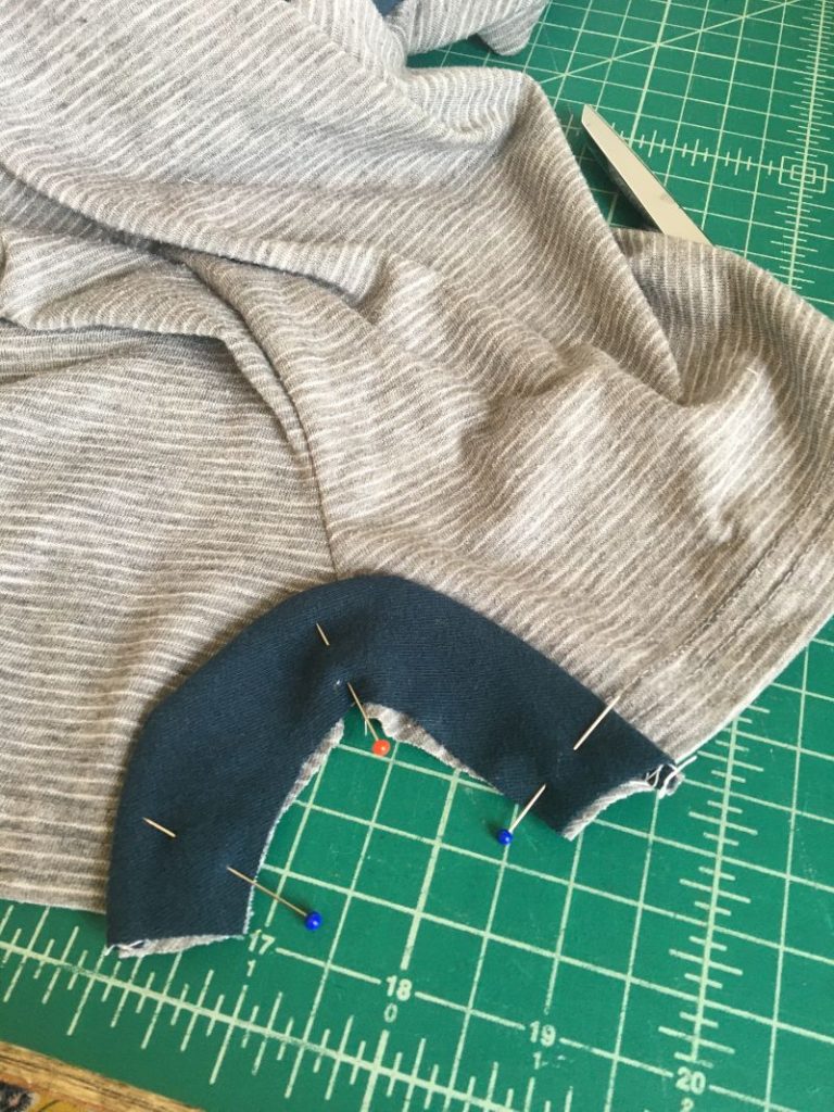 gusset pinned to right side of romper