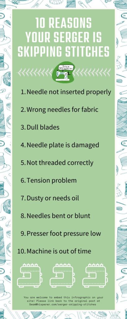 10 reasons your serger is skipping stitches pinterest text infographic