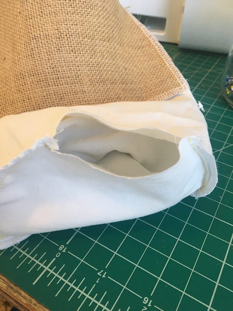 sewing the lining  of the DIY burlap planter