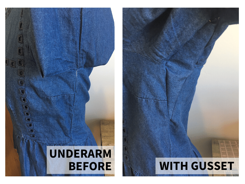 underarm diamond gusset before and after