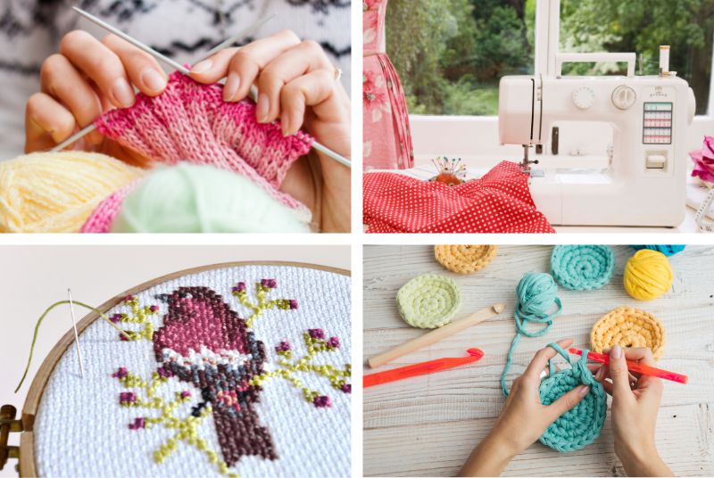 images of crochet, sewing, knitting, and embroidery in a grid