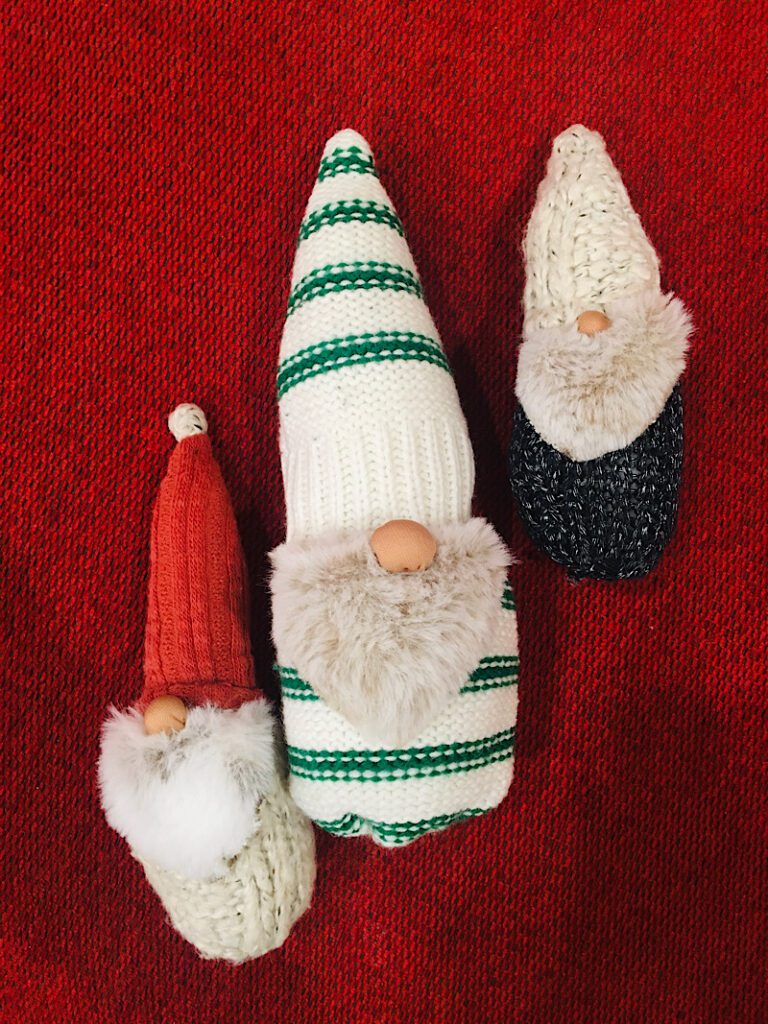 three gnomes made from sweaters