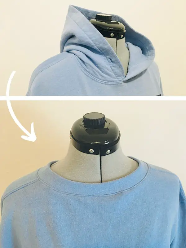 hoodie turned into a crew neck before and after photo