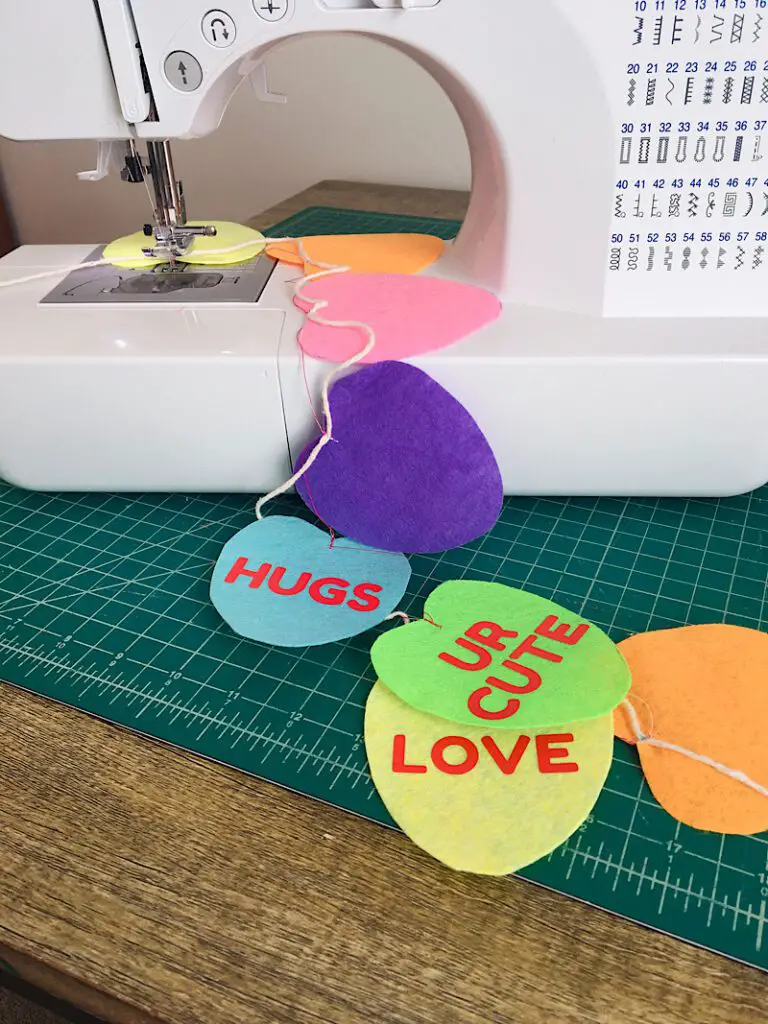 sewing a valentines candy heart garland