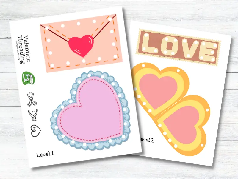 Printable PDF sewing cards for kids valentines day themed
