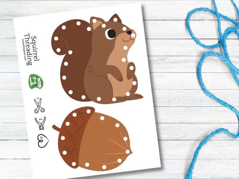 printable kids sewing cards with a squirrel and acorn