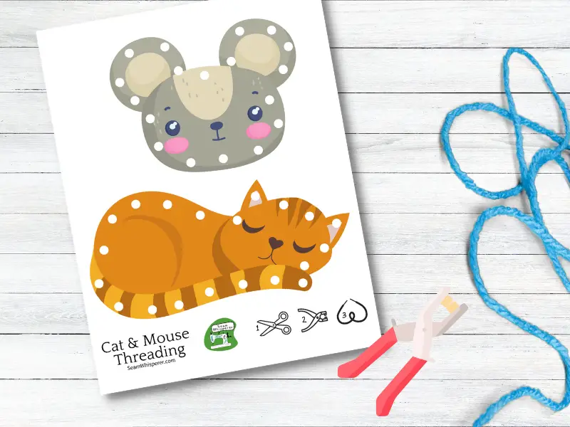 cat and mouse sewing cards with thread, hole punch
