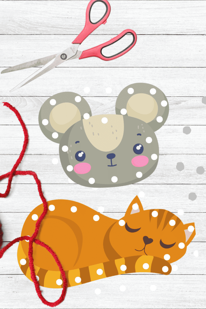Cat and Mouse sewing cards, threading cards, lacing cards free printables with scissors on table