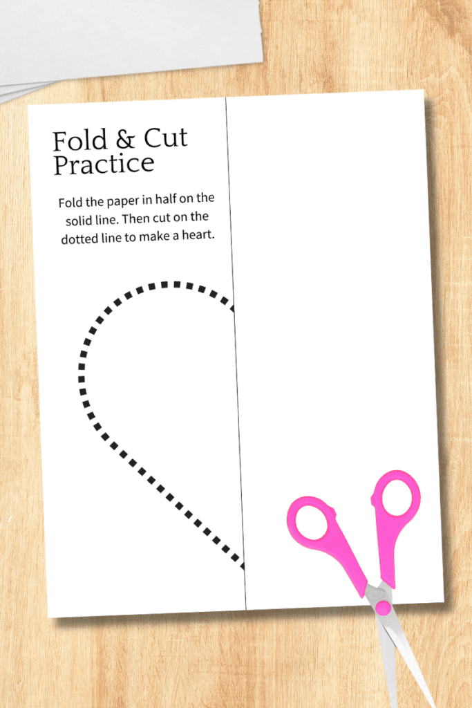 fold and cut practice sheet with heart shape for scissors