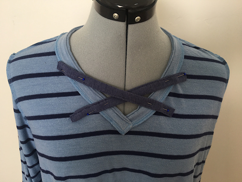 sewing criss cross straps to a t shirt neckline 