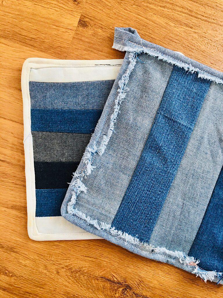 two striped denim pot holders made from upcycled jeans