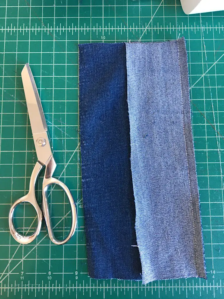 sewing the denim fabric to the strips