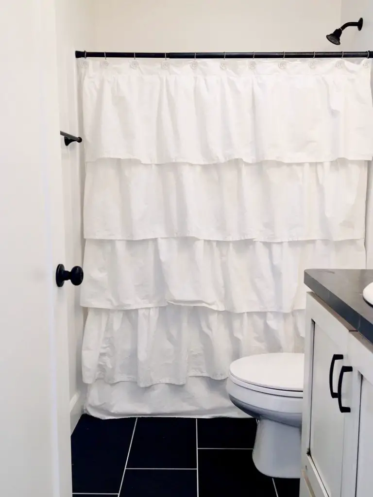 diy ruffle shower curtain in bathroom
