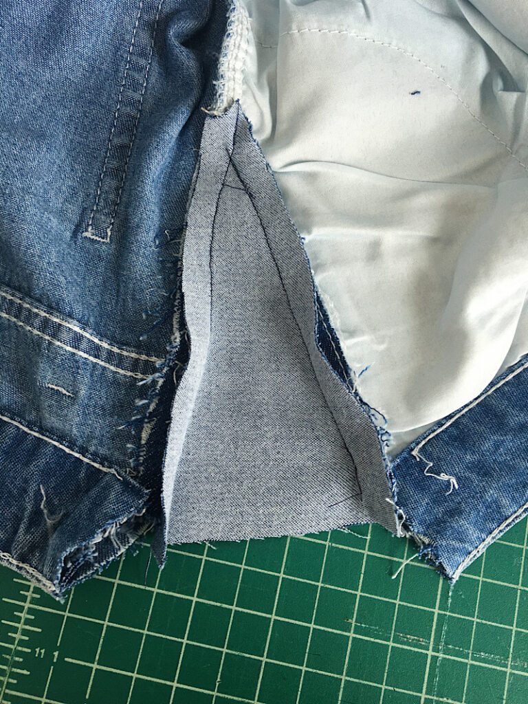 sewing a triangle gusset to denim pants and skirt waist