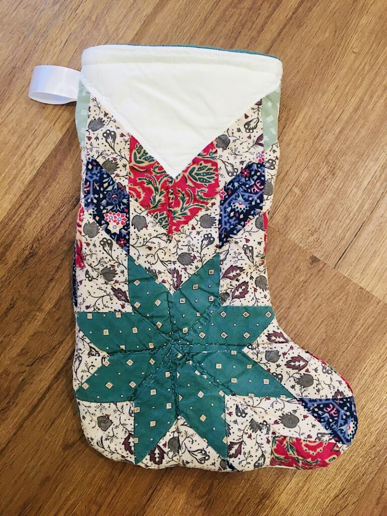 DIY christmas stocking made from a quilt