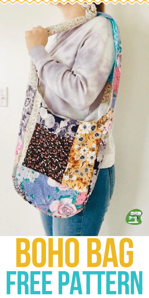 women holding a scrappy hobo bag, text reads "hobo bag free pattern"