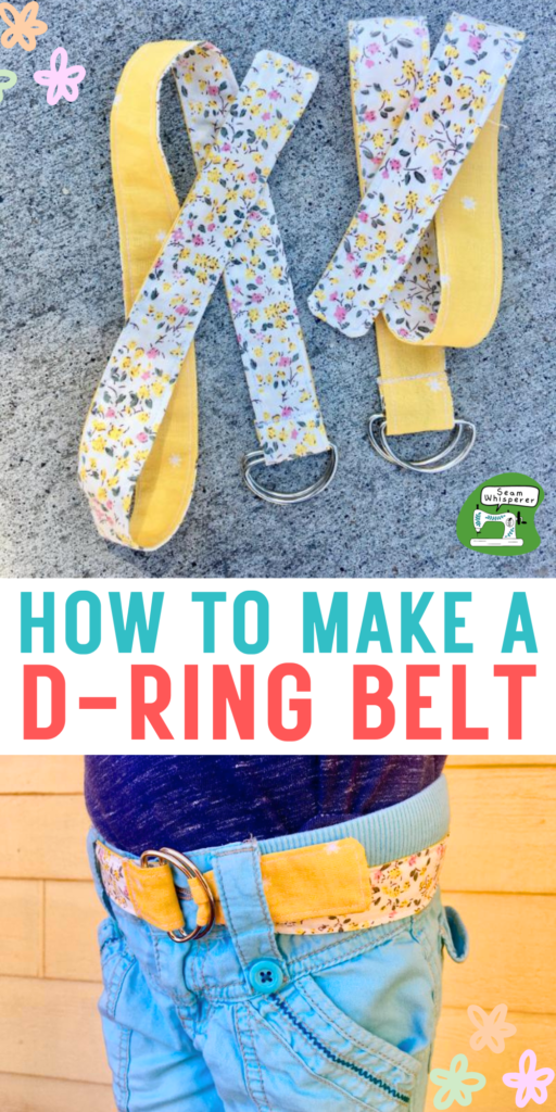Pinterest pin that reads: "how to make a d ring belt" with two belts and a girl posing with a belt