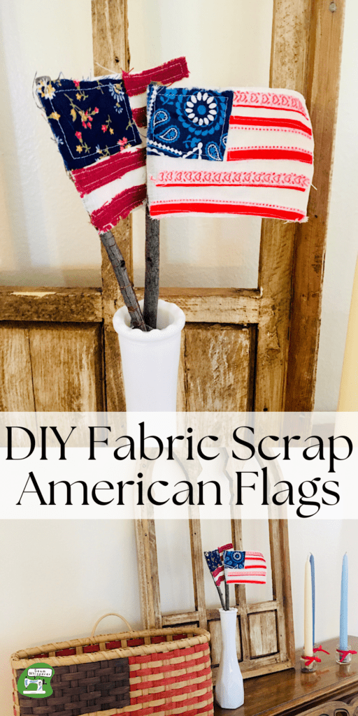 flags in a vase on a piano. Text reads: diy fabric scrap american flags