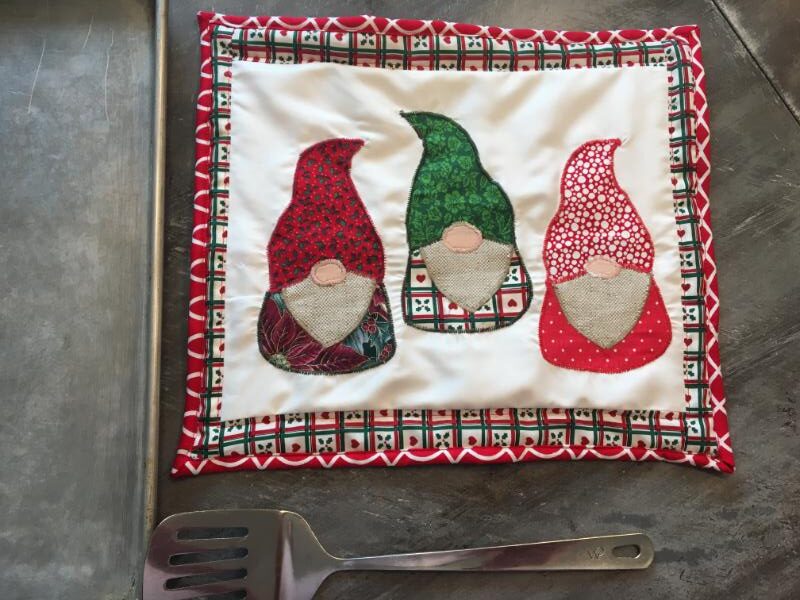 gnome applique mug rug quilt pot holder