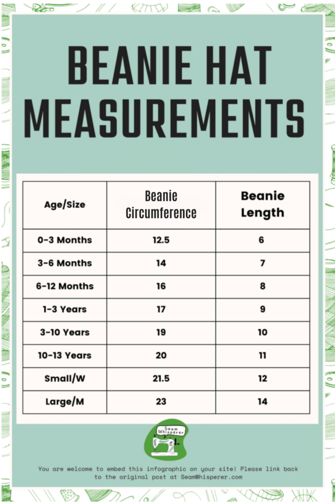 beanie hat measurement chart sizes