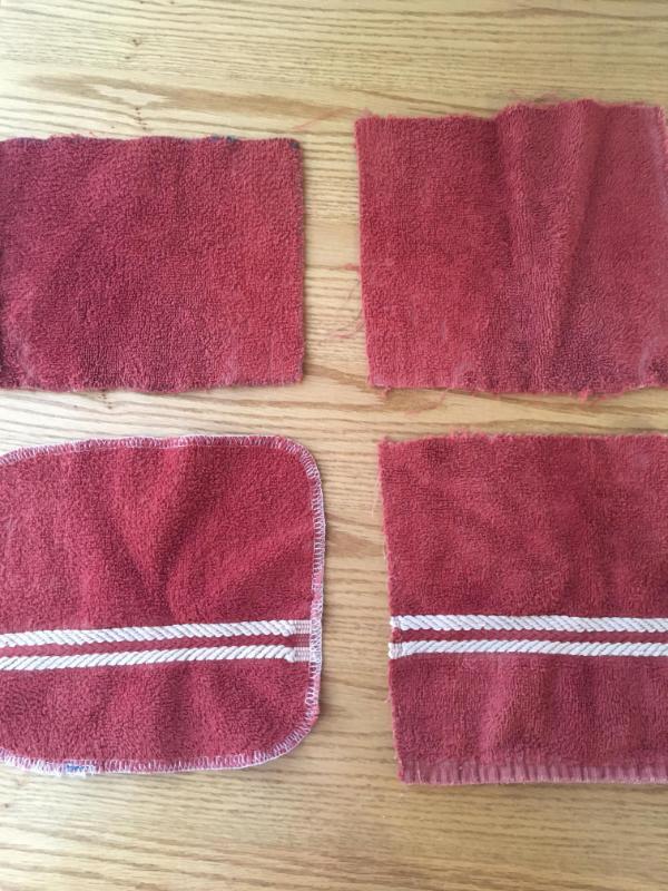 four cleaning rags made from a towel